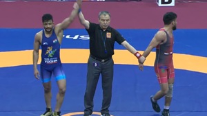 Ashu beat Syria’s Abdulkarim Mohammad Al-Hasan 8-1.(Twitter) Ashu beat Syria’s Abdulkarim Mohammad Al-Hasan 8-1.(Twitter)