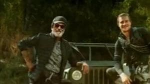 Bear Grylls and Rajinikanth in the Man vs Wild motion poster. Bear Grylls and Rajinikanth in the Man vs Wild motion poster.