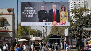 A hoarding with the images of Prime Minister Narendra Modi, U.S. President Donald Trump and first lady Melania Trump ahead of Trump's visit, in Ahmedabad, February 18, 2020.(REUTERS) A hoarding with the images of Prime Minister Narendra Modi, U.S. President Donald Trump and first lady Melania Trump ahead of Trump's visit, in Ahmedabad, February 18, 2020.(REUTERS)