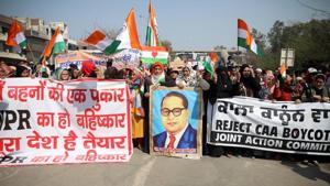 Demonstrators hold banners during a protest against the CAA at Shaheen Bagh in New Delhi.(ANI Photo) Demonstrators hold banners during a protest against the CAA at Shaheen Bagh in New Delhi.(ANI Photo)