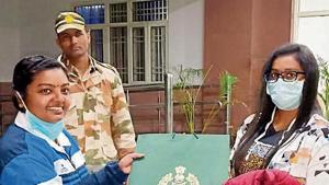 A woman in the last batch of evacuees leaves the ITBP quarantine facility at Chhawla in New Delhi on Wednesday.(ANI) A woman in the last batch of evacuees leaves the ITBP quarantine facility at Chhawla in New Delhi on Wednesday.(ANI)