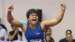 Divya Kakran celebrates after winning a match.(Asian Wrestling Championships) Divya Kakran celebrates after winning a match.(Asian Wrestling Championships)