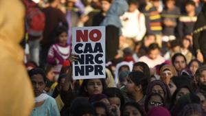 Women at a protest against Citizenship Amendment Act (CAA), National Register of Citizens (NRC) and National Population Register, at Jamia Millia Islamia University, in New Delhi.(Burhaan Kinu/HT PHOTO) Women at a protest against Citizenship Amendment Act (CAA), National Register of Citizens (NRC) and National Population Register, at Jamia Millia Islamia University, in New Delhi.(Burhaan Kinu/HT PHOTO)