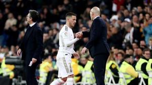 Soccer Football - La Liga Santander - Real Madrid v Celta Vigo - Santiago Bernabeu, Madrid, Spain - February 16, 2020 Real Madrid coach Zinedine Zidane with Eden Hazard as he is substituted(REUTERS) Soccer Football - La Liga Santander - Real Madrid v Celta Vigo - Santiago Bernabeu, Madrid, Spain - February 16, 2020 Real Madrid coach Zinedine Zidane with Eden Hazard as he is substituted(REUTERS)