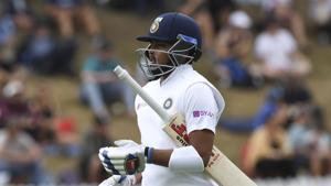 India's Prithvi Shaw, walks from the field after he was dismissed by New Zealand's Tim Southee.(AP) India's Prithvi Shaw, walks from the field after he was dismissed by New Zealand's Tim Southee.(AP)