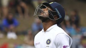 India's Mayank Agarwal reacts after being dismissed by New Zealand's Trent Boult for 34 during the first cricket test between India and New Zealand at the Basin Reserve in Wellington, New Zealand.(AP) India's Mayank Agarwal reacts after being dismissed by New Zealand's Trent Boult for 34 during the first cricket test between India and New Zealand at the Basin Reserve in Wellington, New Zealand.(AP)
