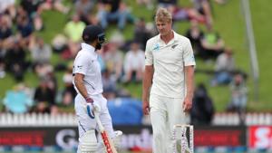 India's Virat Kohli and New Zealand's Kyle Jamieson during the match.(REUTERS) India's Virat Kohli and New Zealand's Kyle Jamieson during the match.(REUTERS)