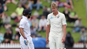 India's Virat Kohli and New Zealand's Kyle Jamieson during the IND vs NZ 1st Test match.(REUTERS) India's Virat Kohli and New Zealand's Kyle Jamieson during the IND vs NZ 1st Test match.(REUTERS)