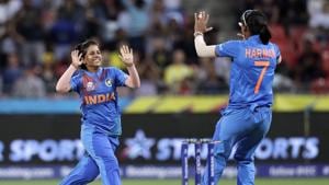India's Poonam Yadav, left, celebrates with teammate Harmanpreet Kaur after taking the wicket of Australia's Jess Jonassen during the first game of the Women's T20 Cricket World Cup in Sydney.(AP) India's Poonam Yadav, left, celebrates with teammate Harmanpreet Kaur after taking the wicket of Australia's Jess Jonassen during the first game of the Women's T20 Cricket World Cup in Sydney.(AP)