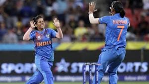 India's Poonam Yadav, left, celebrates with teammate Harmanpreet Kaur after taking the wicket of Australia's Jess Jonassen during the first game of the Women's T20 Cricket World Cup in Sydney.(AP) India's Poonam Yadav, left, celebrates with teammate Harmanpreet Kaur after taking the wicket of Australia's Jess Jonassen during the first game of the Women's T20 Cricket World Cup in Sydney.(AP)