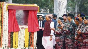 Defence minister Rajnath Singh during the foundation ceremony of the Thal Sena Bhawan, in New Delhi, on Friday(Vipin Kumar/HT photo) Defence minister Rajnath Singh during the foundation ceremony of the Thal Sena Bhawan, in New Delhi, on Friday(Vipin Kumar/HT photo)