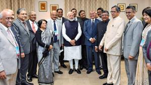 Prime Minister Narendra Modi along with CJI SA Bobde during a meeting with the foreign and Indian judges at the International Judicial Conference 2020 in New Delhi.(PTI Photo) Prime Minister Narendra Modi along with CJI SA Bobde during a meeting with the foreign and Indian judges at the International Judicial Conference 2020 in New Delhi.(PTI Photo)