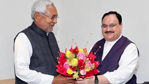 BJP President JP Nadda meets Bihar Chief Minister Nitish Kumar, at the latter’s residence in Patna on Saturday.(ANI Photo) BJP President JP Nadda meets Bihar Chief Minister Nitish Kumar, at the latter’s residence in Patna on Saturday.(ANI Photo)