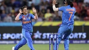 India's Poonam Yadav, left, celebrates with teammate Harmanpreet Kaur after taking the wicket of Australia's Jess Jonassen during the first game of the Women's T20 Cricket World Cup.(AP) India's Poonam Yadav, left, celebrates with teammate Harmanpreet Kaur after taking the wicket of Australia's Jess Jonassen during the first game of the Women's T20 Cricket World Cup.(AP)