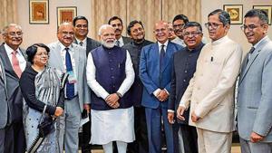 PM Narendra Modi, CJI SA Bobde and law minister Ravi Shankar Prasad with other dignitaries at the International Judicial Conference 2020 in New Delhi on Saturday.(PTI) PM Narendra Modi, CJI SA Bobde and law minister Ravi Shankar Prasad with other dignitaries at the International Judicial Conference 2020 in New Delhi on Saturday.(PTI)