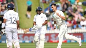 New Zealand's Trent Boult celebrates the wicket of India's Prithvi Shaw.(REUTERS) New Zealand's Trent Boult celebrates the wicket of India's Prithvi Shaw.(REUTERS)