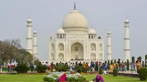Taj Mahal, considered one of the seven wonders of the world, stands on the bank of the Yamuna, and is always high on the itinerary of visiting heads of state.(PTI) Taj Mahal, considered one of the seven wonders of the world, stands on the bank of the Yamuna, and is always high on the itinerary of visiting heads of state.(PTI)