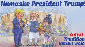 The text on the cartoon read ‘Namaske President Trump!’ a wordplay on butter, also known as “maska” in some parts of the country.(Amul’s official Facebook page) The text on the cartoon read ‘Namaske President Trump!’ a wordplay on butter, also known as “maska” in some parts of the country.(Amul’s official Facebook page)