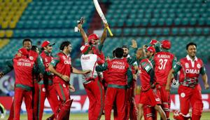 Oman's players celebrate after they won the ICC World Twenty20 2016 cricket tournament against Ireland at the Himachal Pradesh Cricket Association (HPCA) stadium in Dharmsala.(AP) Oman's players celebrate after they won the ICC World Twenty20 2016 cricket tournament against Ireland at the Himachal Pradesh Cricket Association (HPCA) stadium in Dharmsala.(AP)