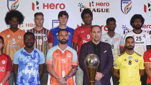 Indian football team coach Igor Stimac along with 11 team members pose for a group photograph during the 13th edition of the Hero I-League official launch, in New Delhi.(PTI) Indian football team coach Igor Stimac along with 11 team members pose for a group photograph during the 13th edition of the Hero I-League official launch, in New Delhi.(PTI)