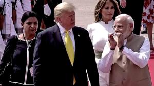 Prime Minister Narendra Modi receives US President Donald Trump and First Lady Melania Trump, during their arrival at Sardar Vallabhbhai Patel International Airport in Ahmedabad on Monday. (ANI Photo)(ANI) Prime Minister Narendra Modi receives US President Donald Trump and First Lady Melania Trump, during their arrival at Sardar Vallabhbhai Patel International Airport in Ahmedabad on Monday. (ANI Photo)(ANI)