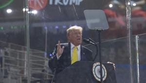 US President Donald Trump referred to classics like Dilwale Dulhania Le Jayenge (DDLJ) and Sholay in his speech during the ‘Namaste Trump’ event as he talked about the Indian film industry.(AP) US President Donald Trump referred to classics like Dilwale Dulhania Le Jayenge (DDLJ) and Sholay in his speech during the ‘Namaste Trump’ event as he talked about the Indian film industry.(AP)