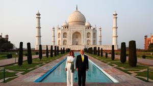 US President Donald Trump and first lady Melania Trump pose as they tour the historic Taj Mahal in Agra on Monday.(Reuters Photo) US President Donald Trump and first lady Melania Trump pose as they tour the historic Taj Mahal in Agra on Monday.(Reuters Photo)