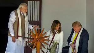 During their visit to Ashram, they were seen spinning the Charkha, which is closely associated with India’s freedom struggle and Mahatma Gandhi.(PTI) During their visit to Ashram, they were seen spinning the Charkha, which is closely associated with India’s freedom struggle and Mahatma Gandhi.(PTI)