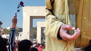 A protester holds a rose while a policeman (right) picks an empty cartridge from the site.(Photo: Raj K Raj / Hindustan Times) A protester holds a rose while a policeman (right) picks an empty cartridge from the site.(Photo: Raj K Raj / Hindustan Times)