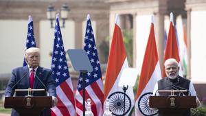 US President Donald Trump and Prime Minister Narendra Modi issued a joint statement after talks at Hyderabad House in New Delhi on Tuesday.(AP Photo) US President Donald Trump and Prime Minister Narendra Modi issued a joint statement after talks at Hyderabad House in New Delhi on Tuesday.(AP Photo)