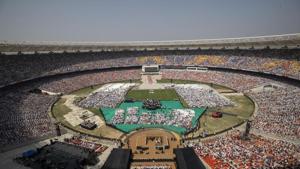 President Donald Trump speaks during a "Namaste Trump," event at Sardar Patel Stadium.(AP) President Donald Trump speaks during a "Namaste Trump," event at Sardar Patel Stadium.(AP)