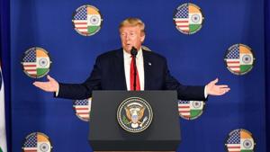 US President Donald Trump speaks during a press briefing in New Delhi, Tuesday.(PTI) US President Donald Trump speaks during a press briefing in New Delhi, Tuesday.(PTI)