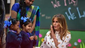 US First Lady Melania Trump interacts with school children during her visit to a government school to witness various activities as part of the 'happiness curriculum', in New Delhi on Tuesday.(PTI) US First Lady Melania Trump interacts with school children during her visit to a government school to witness various activities as part of the 'happiness curriculum', in New Delhi on Tuesday.(PTI)
