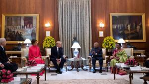 President Kovind and his wife Savita Kovind received the American visitors at Rashtrapati Bhawan outside Durbar Hall, where the Ashoka-era Rampurva Bull statue overlooks Rashtrapati Bhavan’s forecourt. February 25, 2020.(REUTERS) President Kovind and his wife Savita Kovind received the American visitors at Rashtrapati Bhawan outside Durbar Hall, where the Ashoka-era Rampurva Bull statue overlooks Rashtrapati Bhavan’s forecourt. February 25, 2020.(REUTERS)