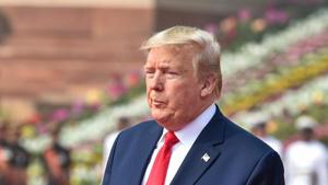 US President Donald Trump during his ceremonial welcome at Rashtrapati Bhavan in New Delhi on Tuesday.(PTI Photo) US President Donald Trump during his ceremonial welcome at Rashtrapati Bhavan in New Delhi on Tuesday.(PTI Photo)