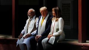 Indian Prime Minister Narendra Modi, US President Donald Trump and First Lady Melania Trump visit the Gandhi Ashram in Ahmedabad.(REUTERS) Indian Prime Minister Narendra Modi, US President Donald Trump and First Lady Melania Trump visit the Gandhi Ashram in Ahmedabad.(REUTERS)