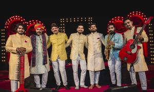 (From left to right) Arif Khan (zitar player), Arif Khan (khartal and morchang player), Sajid Khan (drummer), Saif Ali Khan (tabla player), Asif Khan (lead singer), Tasruf Ali (saxophone) and Rishab Rozar (guitar) (From left to right) Arif Khan (zitar player), Arif Khan (khartal and morchang player), Sajid Khan (drummer), Saif Ali Khan (tabla player), Asif Khan (lead singer), Tasruf Ali (saxophone) and Rishab Rozar (guitar)
