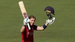 Heather Knight celebrates after scoring her century.(Twitter) Heather Knight celebrates after scoring her century.(Twitter)