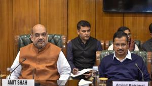 Union Home Minister Amit Shah (L) with Delhi Chief Minister Arvind Kejriwal during a high-level meeting to discuss the prevailing situation in the national capital after violence in northeast Delhi.(PTI) Union Home Minister Amit Shah (L) with Delhi Chief Minister Arvind Kejriwal during a high-level meeting to discuss the prevailing situation in the national capital after violence in northeast Delhi.(PTI)