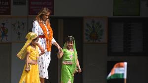 First Lady of the United States, Melania Trump during an interaction with students of Sarvodaya Co-Educational Senior Secondary School during a visit to a Delhi Government School.(Sanchit Khanna/HT PHOTO) First Lady of the United States, Melania Trump during an interaction with students of Sarvodaya Co-Educational Senior Secondary School during a visit to a Delhi Government School.(Sanchit Khanna/HT PHOTO)