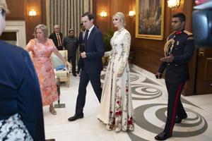 White House Senior Adviser Jared Kushner and his wife Ivanka Trump arrive for a state banquet at Rashtrapati Bhavan.(AP Photo/Alex Brandon, Pool) White House Senior Adviser Jared Kushner and his wife Ivanka Trump arrive for a state banquet at Rashtrapati Bhavan.(AP Photo/Alex Brandon, Pool)