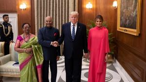 Indian President Ram Nath Kovind and his wife Savita Kovind stand with President Donald Trump and first lady Melania Trump as they arrive for a state banquet at Rashtrapati Bhavan, in New Delhi.(REUTERS) Indian President Ram Nath Kovind and his wife Savita Kovind stand with President Donald Trump and first lady Melania Trump as they arrive for a state banquet at Rashtrapati Bhavan, in New Delhi.(REUTERS)
