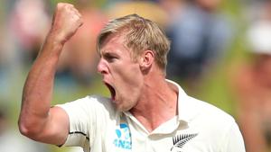 New Zealand's Kyle Jamieson reacts during the match.(REUTERS) New Zealand's Kyle Jamieson reacts during the match.(REUTERS)