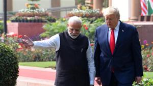 Prime Minister Narendra Modi and US President Donald Trump arrive to address a joint statement, at Hyderabad House, in New Delhi.(Mohd Zakir/HT PHOTO) Prime Minister Narendra Modi and US President Donald Trump arrive to address a joint statement, at Hyderabad House, in New Delhi.(Mohd Zakir/HT PHOTO)