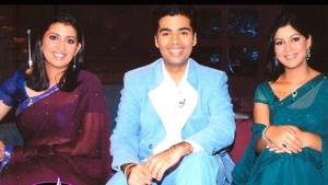 Smriti Irani, Karan Johar and Sakshi Tanwar on Koffee With Karan season 1 in 2005. Smriti Irani, Karan Johar and Sakshi Tanwar on Koffee With Karan season 1 in 2005.