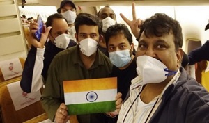 Indians, evacuated from coronavirus-hit Diamond Princess,onboard homeward-bound AI plane to India.(Twitter) Indians, evacuated from coronavirus-hit Diamond Princess,onboard homeward-bound AI plane to India.(Twitter)