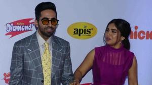 Actors Bhumi Pednekar and Ayushmann Khurrana at the Red Carpet of Nickelodeon Kids' Choice Awards 2019.(IANS) Actors Bhumi Pednekar and Ayushmann Khurrana at the Red Carpet of Nickelodeon Kids' Choice Awards 2019.(IANS)