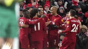 Liverpool players celebrate their first goal during the English Premier League soccer match between Liverpool and West Ham at Anfield Stadium in Liverpool, England, Monday, Feb. 24, 2020. (AP Photo/Jon Super)(AP) Liverpool players celebrate their first goal during the English Premier League soccer match between Liverpool and West Ham at Anfield Stadium in Liverpool, England, Monday, Feb. 24, 2020. (AP Photo/Jon Super)(AP)