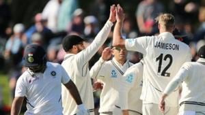 New Zealand's Kyle Jamieson celebrates with teammates after taking a wicket.(REUTERS) New Zealand's Kyle Jamieson celebrates with teammates after taking a wicket.(REUTERS)