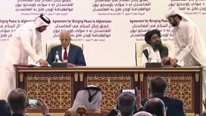 United States Special Representative for Afghanistan Zalmay Khalilzad and Mullah Abdul Ghani Baradar, the Taliban group’s top political leader signed a peace agreement between Taliban and U.S., in Doha on Saturday, Feb 29, 2020.(ANI) United States Special Representative for Afghanistan Zalmay Khalilzad and Mullah Abdul Ghani Baradar, the Taliban group’s top political leader signed a peace agreement between Taliban and U.S., in Doha on Saturday, Feb 29, 2020.(ANI)